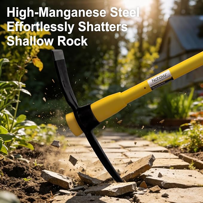 Nohovu Pickaxe with Shock Absorbing Fiberglass Handle, Heavy Duty Forged Steel Pick Axe for Digging, 36 Inches (406Y)