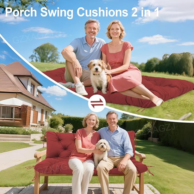 Porch Swing Cushions Outdoor 60 inch Waterproof Swing Cushions 3 Seater Replacement with Backrest and Ties Thicken 5" Bench Swing Cushion for Outdoor Furniture Patio(Wine Red60x40x5inch)
