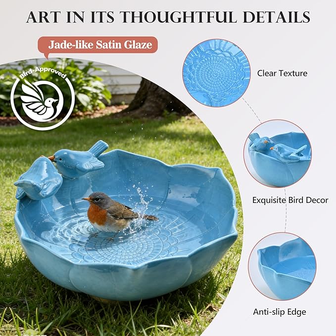 Ceramic Bird Bath for Outdoors, 10.1” Hand-Painted Glazed Ceramic Bird Baths Bowls and Feeders for Outside, UV/Frost-Resistant Finish Ground Garden Table Top Bird Baths Decor for Patio Yard Home Green