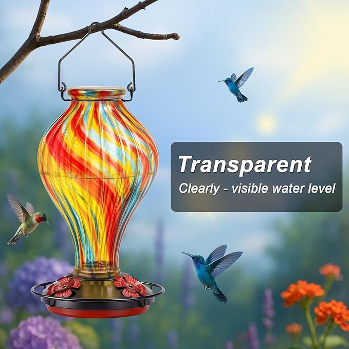 Hummingbird Feeders for Outdoors – Hand Blown Glass Outdoor Hanging Humming Bird Feeder with Ant Moat, 28 Ounces,Leakproof, Easy to Clean, Red Decorative Gift for Garden,Patio,Yard,Mom or Gardener