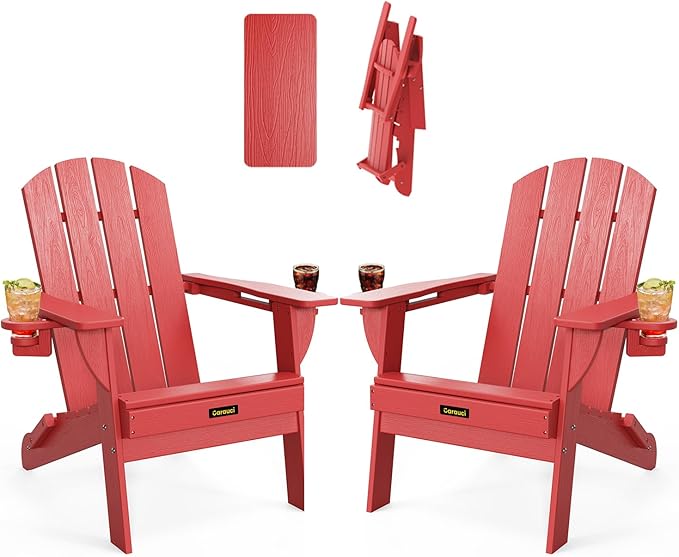 Folding Adirondack Chair Set of 2, Wooden Textured Plastic Adirondack Chairs with 2 Cup Holder, Weather Resistant HDPE Fire Pit Chair, Outdoor Patio Chairs for Garden, Backyard, Lawn, Deck, Red