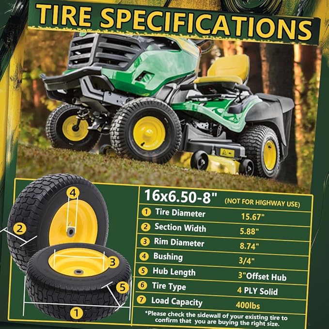 16x6.50-8 Tire and Wheel Assembly (2 Pack), Pre-Installed 3/4" Bushing, 3" Offset Hub, Flat Free Solid Rubber Tire, For Compatible 3/4" Axle Lawn & Garden Equipment (Yellow)