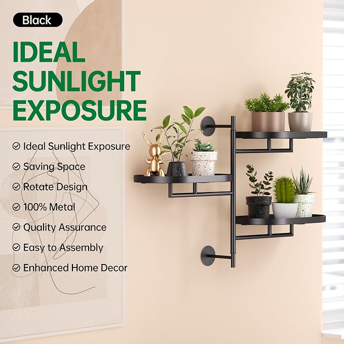 Rotating Window Shelves for Multiple Plants Indoor,3-tier Metal Corner Black Plant Stand Holder Floating Hanger Shelf for Wall，Windows Sill Gifts for Planter Lover to Enhance Home Decor