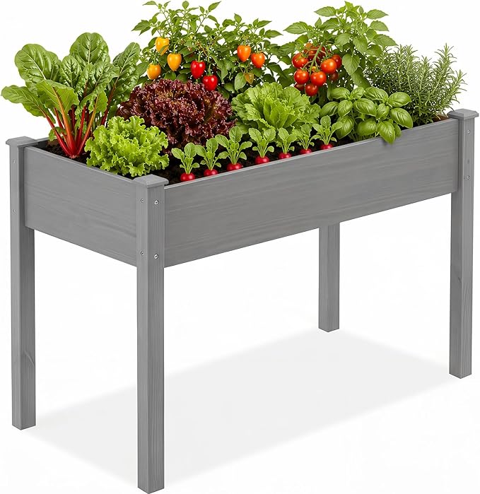 DUMOS Raised Garden Bed 48x24x30 Inch, Outdoor Planter Box with Legs, Elevated Wood Garden Bed with Liner for Herbs Flowers Vegetables, Wooden Planter Box for Patio, Balcony and Backyard, Grey