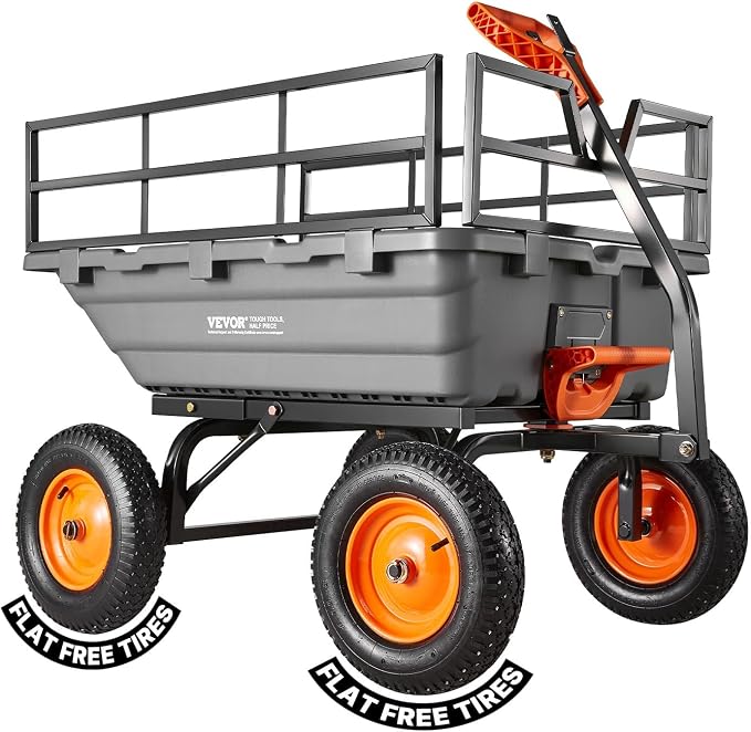 VEVOR Garden Dump Cart 1500lbs 15 Cu.Ft, Heavy Duty Wheelbarrow with Convertible Handle and 16" Flat Free Tires, Outdoor Yard Wagon ATV Trailer Dump Cart Tow Behind for Lawn Mower Tractor
