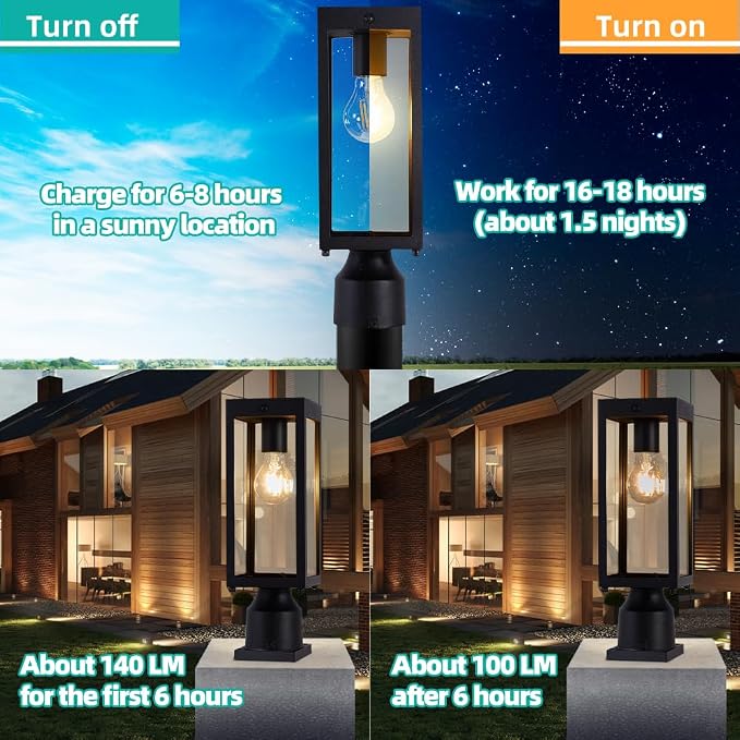 Solar Lamp Post Light Outdoor 14.5", Waterproof Dusk to Dawn Solar Post Light, Matte Black, for Yard Garden Driveway Patio