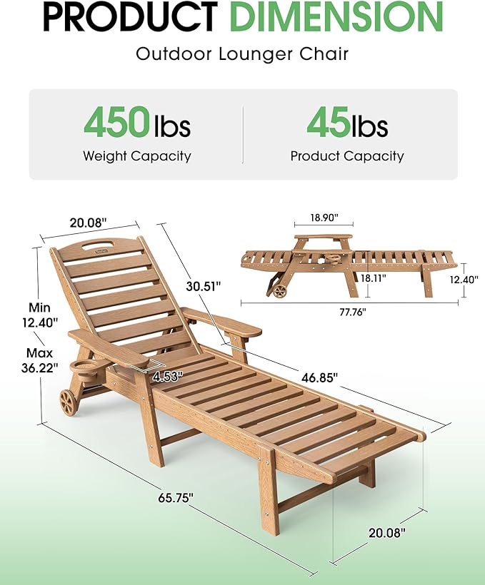 Lounge Chair Outdoor Set of 4 with Wheels, Adjustable 5-Position Chaise Lounge Outdoor, Patio Lounge Chair for Poolside Backyard, Teak