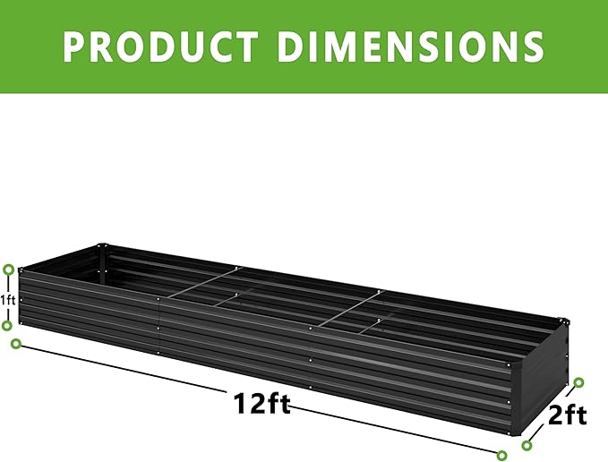 DIIYIV 2PCS 12x2x1FT Galvanized Raised Garden Bed Kit,Vegetable Boxes-Rectangle Metal Flower Box,Large Planter Raised Beds Outdoor Garden for Planting,Fruit,Herb-Black