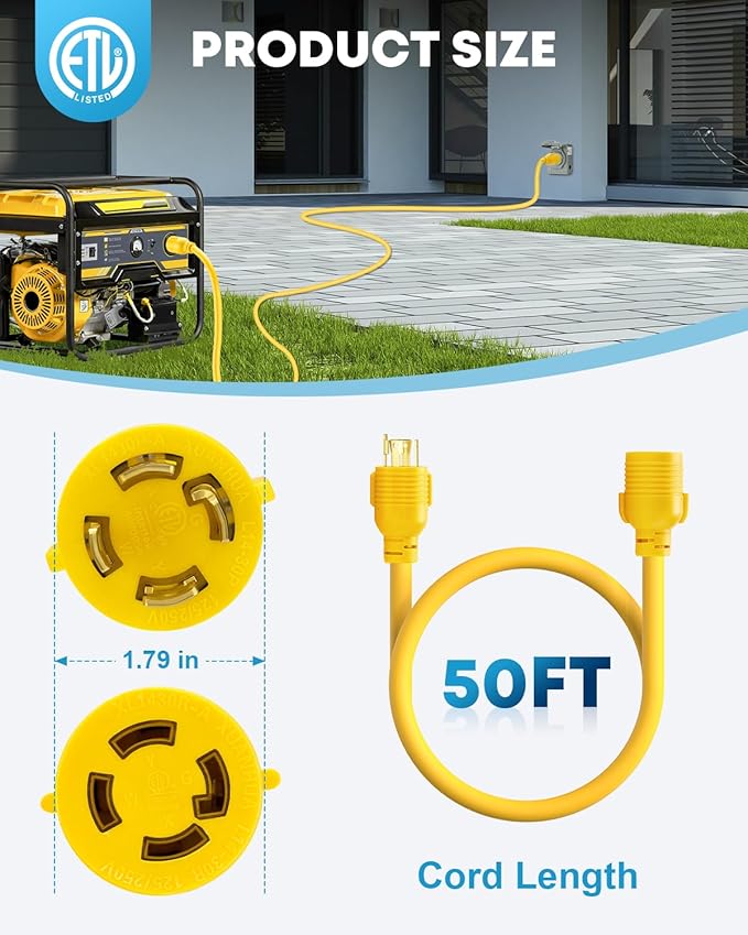Kohree 50FT Nema L14-30 Generator Cord 30 Amp 4 Prong, Heavy Duty Generator Power Cord with Twist Lock, NEMA L14-30P/L14-30R RV Extension Cord 10 Gauge 125/250V, 7500W with Cord Organizer, ETL Listed