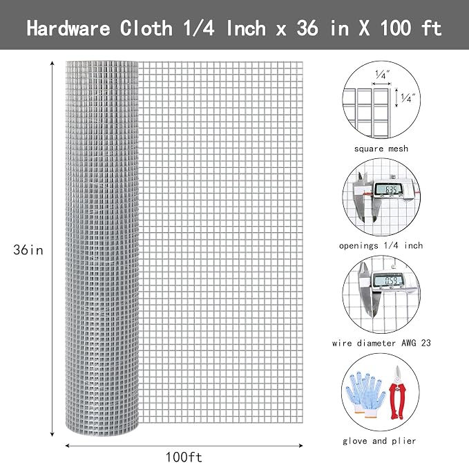 Thinkahead Hardware Cloth 1/4 inch 36 X 100 ft 23 Gauge, Galvanized Wire Mesh Roll, Welded Wire Fencing, Hardware Cloth for Chicken Coop Wire, Rabbit Cage Wire
