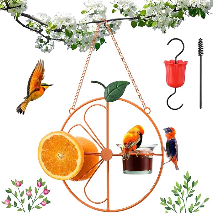 Baltimore Oriole Bird Feeder for Outdoors – Oriole Feeder with Ant Moat & Glass Bowl & Ant Moat & Cleaning Brush, Metal Hanging for Jelly, Nectar, Mealworms & Orange Halves(1 Pack)