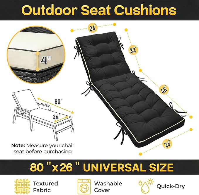 2 Pack 80x26 Inch Folding Chaise Lounge Cushion Quick Dry - Outdoor Sun Lounger Seat Pad with Shredded Foam for Patio Furniture, Deck Chairs, Poolside (Black, 80 INCH × 26 INCH- 2 Pack)