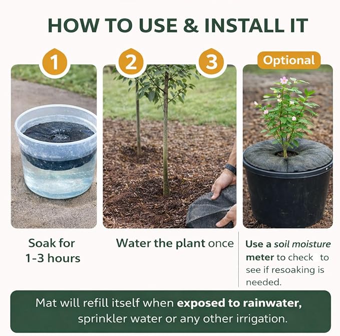 SteadySpring(R) Smart 30+Day Watering Mat Auto Refills with Rain for Tomato Plants, Peppers, Veggies, Perennials, Annuals in 1-2 Gallon Containers or with a 7 in to 10 in Root Ball (4)