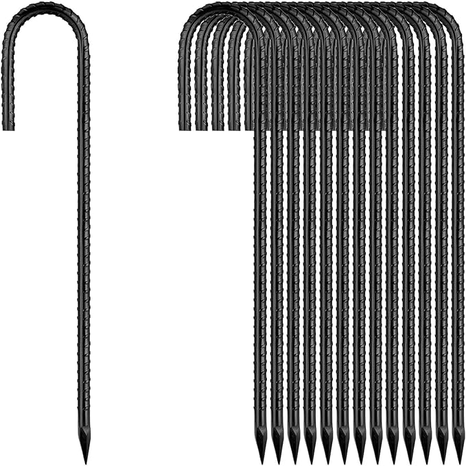 Rebar Stakes 12Inch,J Hooks Ground Stakes Anchors for Gardening Black Coated Ground Stakes 32pcs Anti-Rust Heavy Duty Dog Fence Fixed Water Pipes Soccer Goals Tent Camping Trampoline