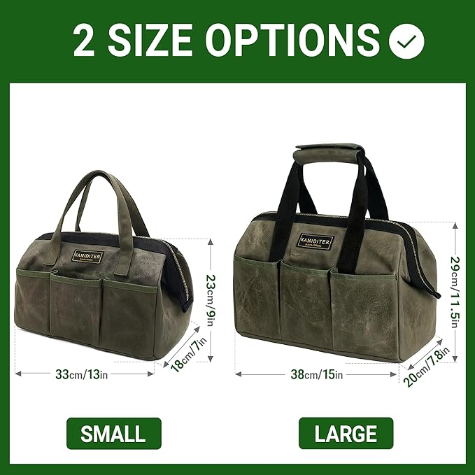 15 Inch Tool Bag, Heavy Duty Wide Mouth Water-Resistant Tool Bag, Tool Tote with Handle for Tools, Wrenches, Screwdrivers (15 X 7.8 X 11.5 inch) | ArmyGreen