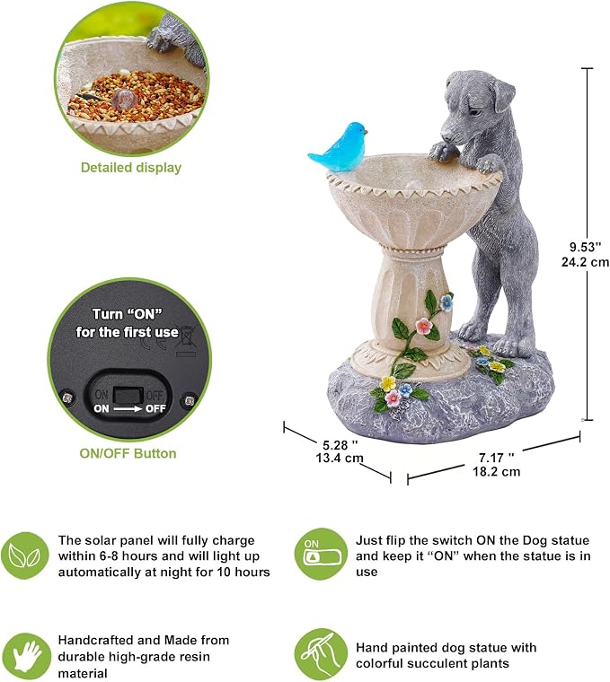 Nacome Solar Dog Statues for Garden Decor: IP65 Waterproof Resin | Outdoor Yard Patio Balcony Front Decorations, Birthday Gifts for Bird Lovers Mom Grandma Women, Automatic Warm LED Light