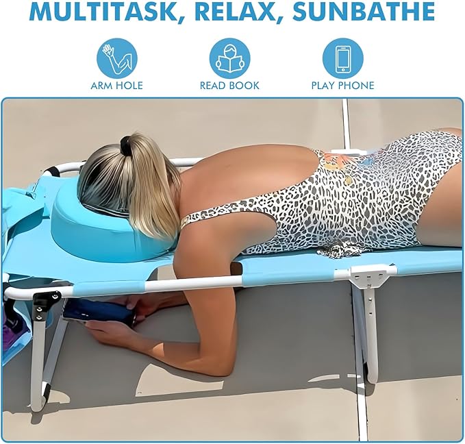 Oversized Extra Wide Tanning Chair with Sun Canopy Face Hole Padded Adjustable Washable, Heavy Duty Layout Folding Lounge Chair for Outside Beach Reading Sunbathing, UPF 50+, XL, Plus Size, 330 LBS