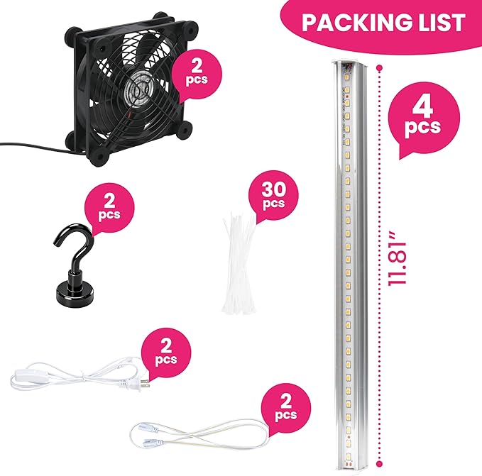 LUVCOSY 4 Pack T5 Grow Light Strips + 2 Pack USB Fans for Indoor Plants, Accessories Set for Indoor Greenhouse Cabinet for IKEA, Full Spectrum Sunlight Grow Lamp & Silent Portable Cooling Fan-ALL IN 1