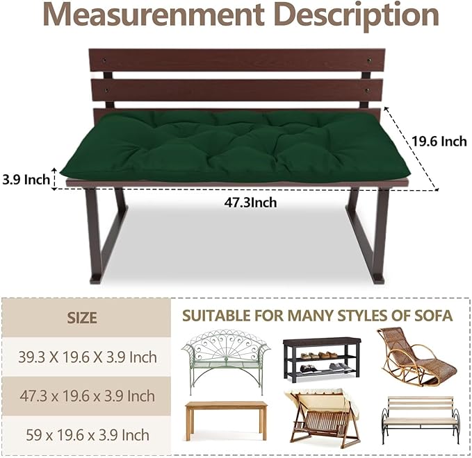 Yddsky 47.3 in Waterproof Indoor/Outdoor Garden Bench Seat Cushions，Thicken Patio Bench Soft Rocking Chairs Pad Lounger Seat for Wicker Loveseat Settee（47.3 X 19.6 X 3.16 in Dark Green）