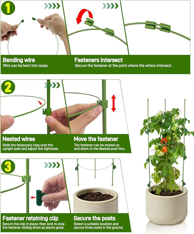 8 Pack 36 Inch Tomato Cages for Pots and Containers, Adjustable Tomato Plant Support with Sliding Clips, Plastic-Coated Metal Tomato Trellis Cage for Patio, Raised Bed & Garden Vegetables