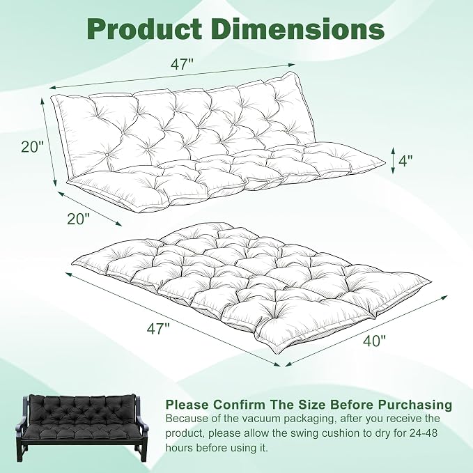 Porch Swing Cushions, 47x40 Inch Swing Cushions for Outdoor Furniture, Waterproof 2-3 Seater Patio Seat Cushion with Backrest, Replacement Bench Cushion for Glider, Settee, Dark Grey