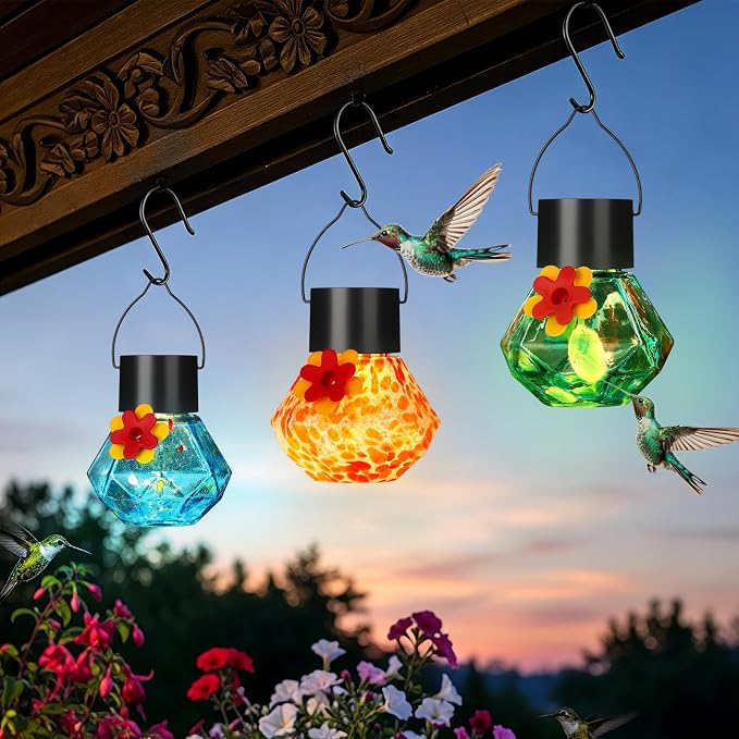 Nuogo 3 Pcs 3.54 Inch Blown Glass Hummingbird Feeders Solar Powered Hummingbird Feeder with LED Light for Garden Outdoors Window Decor Valentine Hanging Gifts Ant and Bee Resistant (Color C,Novel)