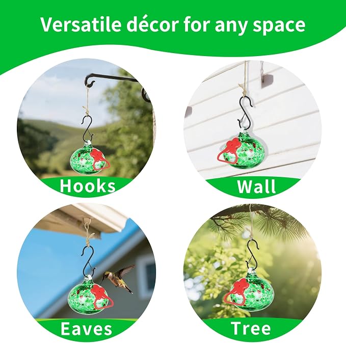Pozfun Small Hummingbird Feeders for Outdoors Hanging,Hand-Blown Glass Hummingbird Feeder with Silicone Feeding Perch,Never Leak,Gardening Gifts for Woman Man(Green)