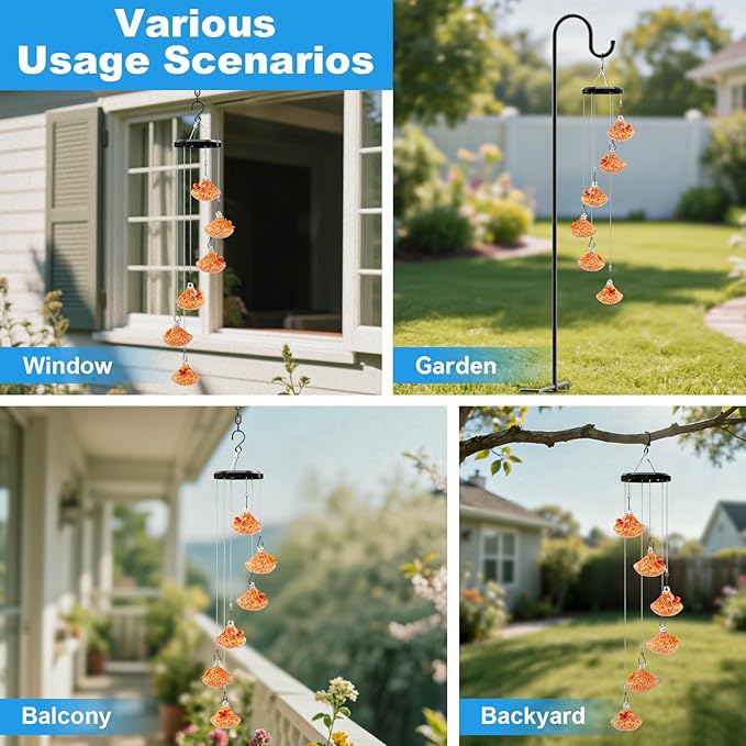 Wind Chime Glass Hummingbird Feeder - 20 Oz Outdoor Hanging Feeder with 6 Ports, Attract More Hummingbirds, Leak-Proof Design, Unique Garden Backyard Decor & Ideal Gift (Orange)