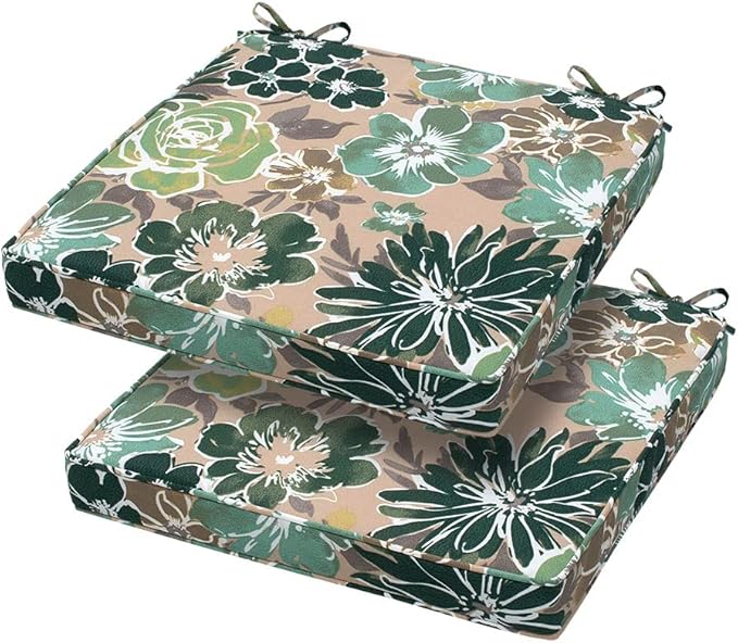 Magpie Fabrics Square Corner Seat Cushion, 18" x 18" x 2.5", 2 Pack, Indoor/Outdoor Waterproof Weather Resistant Universal Chair Pads for Patio Garden Dining - Green Floral