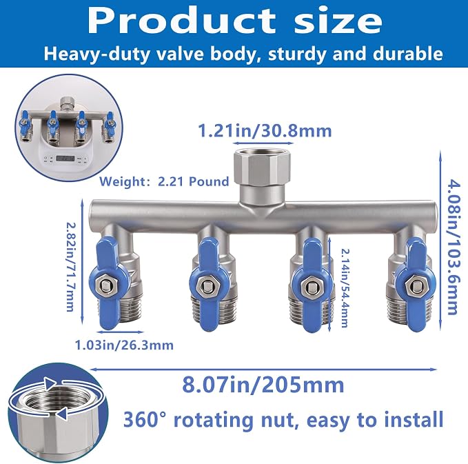 304 Stainless Steel Garden Hose Splitter 4 Way Heavy Duty, Full Flow T Valve Water Hose Splitter With 2.1" Extra Long Handle, Lead-free，3/4" GHT Thread Connector For Outdoor Spigot Faucet
