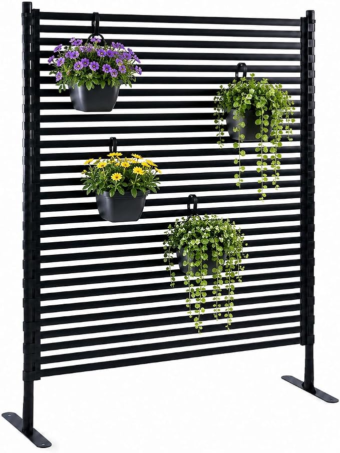 FOLLOOK Metal Privacy Screen Outdoor Freestanding, Poly-Coating Rustproof Metal Decorative Slatted Privacy Screen Fence Panels for Outside Backyard Garden Patio Deck, 48" W x 71" H, Black