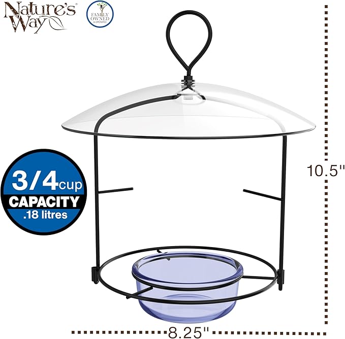 Nature's Way BBFM1 Bluebird Buffet Metal Bird Feeder with Protective Baffle, Outdoor Wild Bird Feeder and Décor, One Glass Dish with 3/4 Cup capacity, Blue