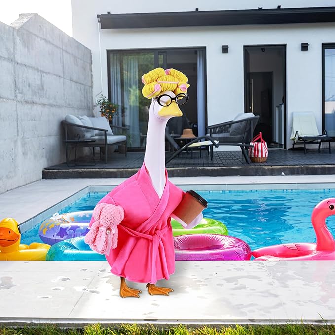 Lady Porch Goose Outfits,Bathrobe Porch Goose Statue Costume with Curlers Reading Glasses Coffee Cup Towel,Cute Goose Clothes for 23-Inch Cement or Plastic Statue,Lawn Yard Garden Patio Decor(Pink)
