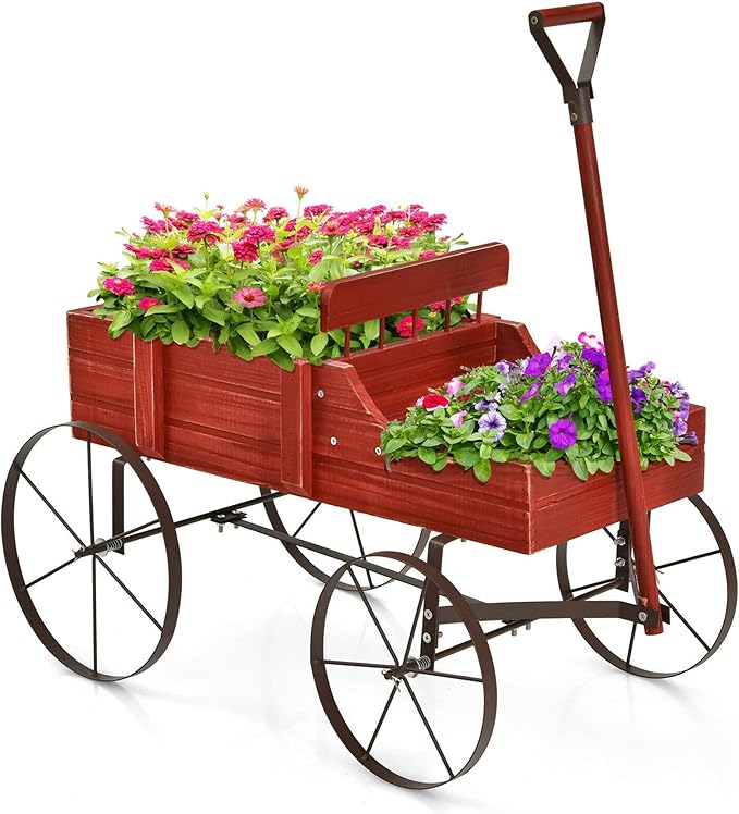DORTALA Wood Wagon Planter, Outdoor Garden Flower Planter Cart with Wheels, Small Decorative Wood Raised Bed Plant Pot Box Stand for Backyard, Patio, Balcony, Red