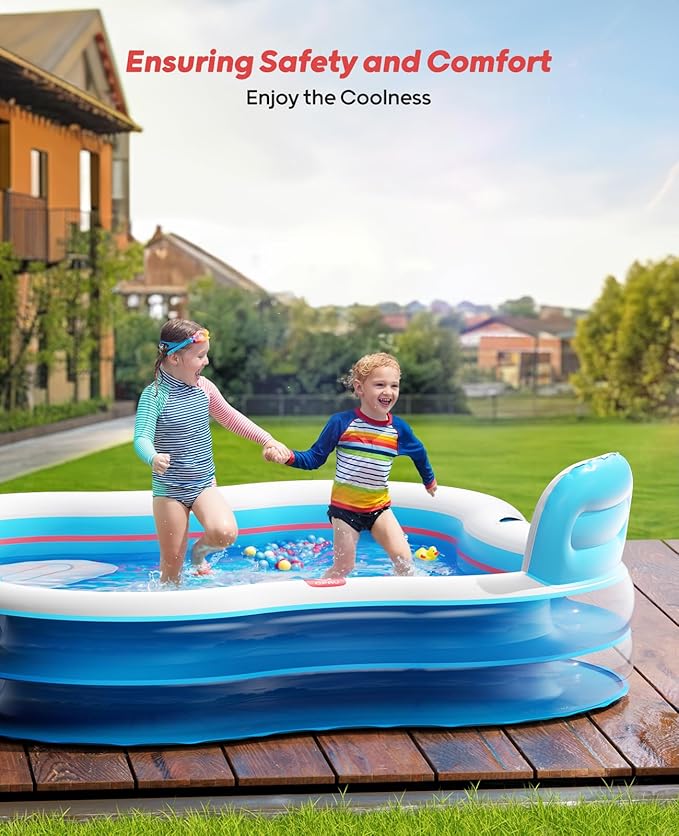QPAU Inflatable Swimming Pool with 2 Seats and Backrests, 80" L x 80" W x 27" D Large Full-Sized Family Pools for Kids and Adults for Backyard, Garden, Outdoors, Clear Blue