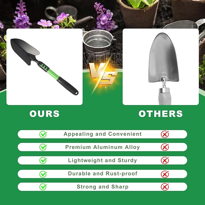 Garden Tool Set, 3 Pack Lightweight Heavy Gardening Kit Including Hand Shovel, Transplant Shovel and Hand Rake with Soft Rubber Non-Slip Handle, for Planting Weeding Digging, Green ﻿