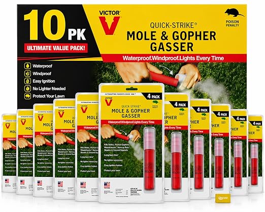 Victor Quick-Strike Mole & Gopher Gassers – 40 Total Gassers, Self-Igniting Burrow Pest Control, Waterproof & Windproof, Long-Burn Outdoor Tunnel Treatment (10)