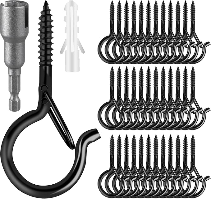 FSAH 50 Pack Screw-in Hooks for Outdoor String Lights, Q Hangers Light Outside, Swivel Hanging Basket Patio with Safe Buckle Screw in Planter Eye Hook Wall Ceiling, Black