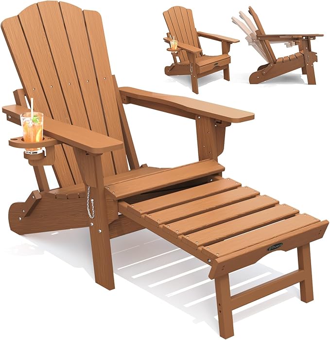 THOEOE Folding Adjustable Adirondack Chairs with Ottoman & 1 Cup Holders, HDEP Multifunctional Adirondack Chair with Footrest,Wood