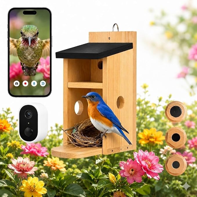 Smart Bird House with Camera, Bamboo Wooden Birdhouse for Outdoor Bird Watching, App Live View, Color Night Vision, Motion Detection, Waterproof Bird Nesting Box