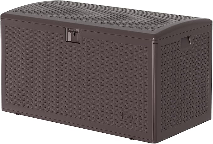 Garvee 120 Gallon Waterproof Large Resin Deck Box Indoor Outdoor, Lockable Storage Container for Patio Furniture Tools, Waterproof Deck Box with Hydraulic Rod Patio Storage Bin for Pool Garden, Brown