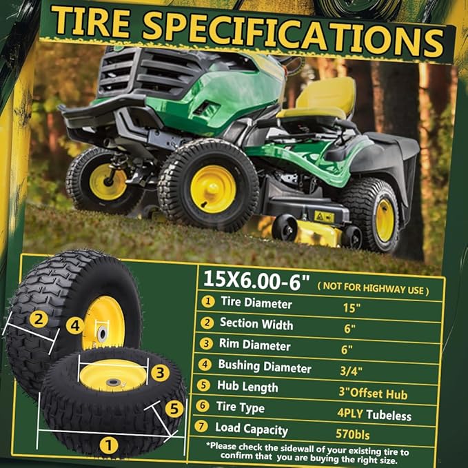 15x6.00-6 Tubeless Tire and Wheel Assembly(2 Pack) ，Replacement Riding Lawn Mower Front Tires,Compatible withRiding Mowers and Lawn Tractor, 3" Offset Hub and 3/4" Bushings（Yellow)