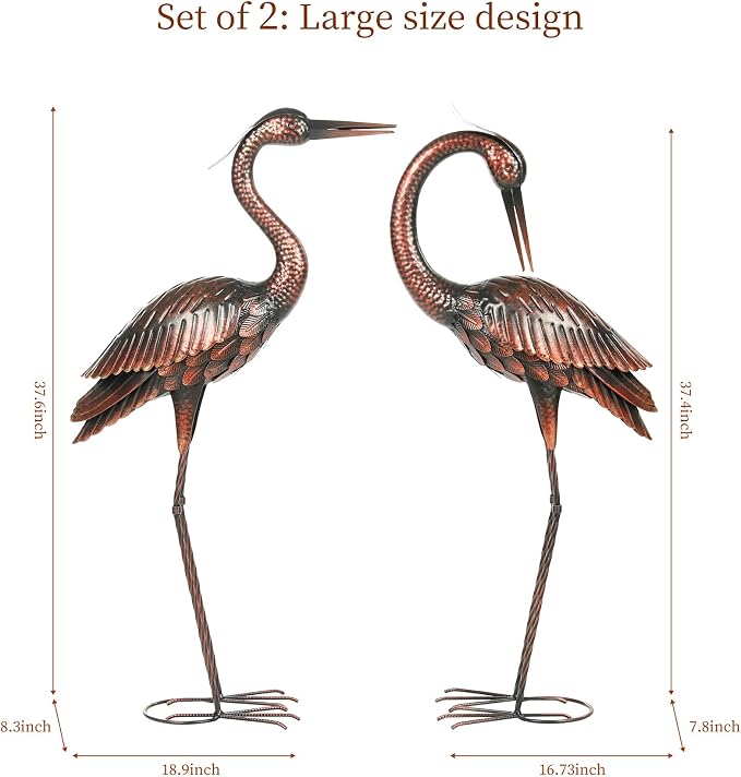 Kircust Crane Garden Sculptures & Statues Heron Decoy Large Size Metal Birds Yard Art Standing Vintage Brass Heron Lawn Ornament Outdoor Decorations 37 Inches Set of 2