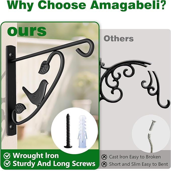 AMAGABELI GARDEN & HOME 4 Pack Hanging Plant Brackets Outdoor 12 inch Metal Fence Wall Plant Hanger Hooks for Hanging Flower Baskets Bird Feeders Lanterns Wind Chimes Rust-Resistant Black
