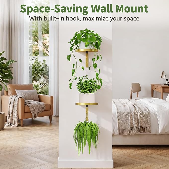 LASZOLA Plant Hangers Shelves Wall Mounted Indoor, Metal Window Plant Holders, 2Pcs Modern Floating Flower Display Stand with 2 Hooks for Outdoor Kitchen Bathroom Decor, Gold