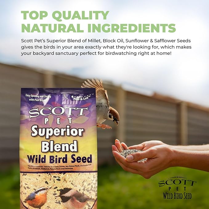 Scott Pet Wild Bird Seed, Superior Blend, 9 lbs Bag, No Corn, Feed, Great for All Feeder Types, Food for Outside Wild Birds