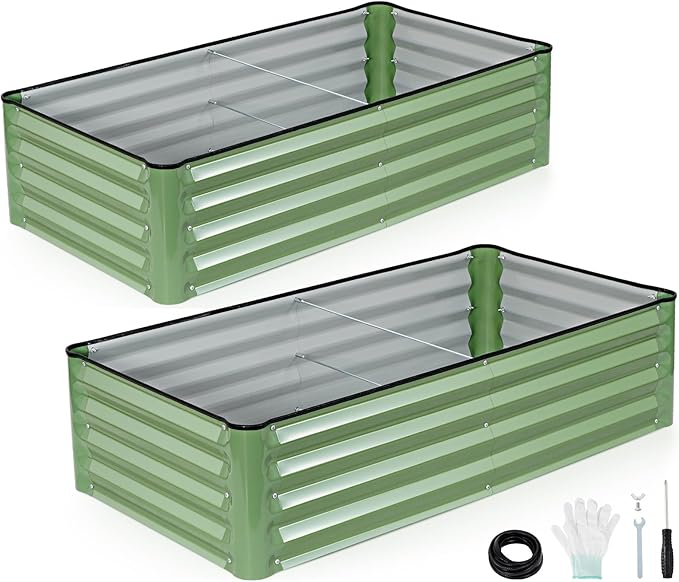 INNO STAGE Galvanized Raised Garden Bed Kits, 4x2x1ft Metal Raised Garden Beds Outdoor, Steel Raised Planter Bed with Gloves for Vegetables & Flowers Patio Ground Planter Box (Olive Green, 2PCS)