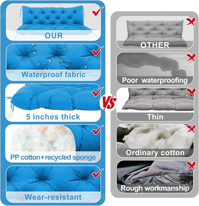 Premium 5" Thick Waterproof Outdoor Swing Cushions Sturdy Durable 2-3 Seat Replacement Porch Swing Cushions with Backrest&Ties Bench Cushion for Outdoor Furniture Backyard Patio (48x40x5inch)