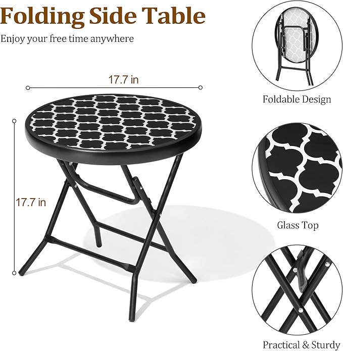 Foldable Patio Side Tables, 17.7" Small End Table Outdoor Weatherproof, Round Glass Top Outside Folding Table for Poolside, Balcony, Yard, Porch（Black and White Stripe）