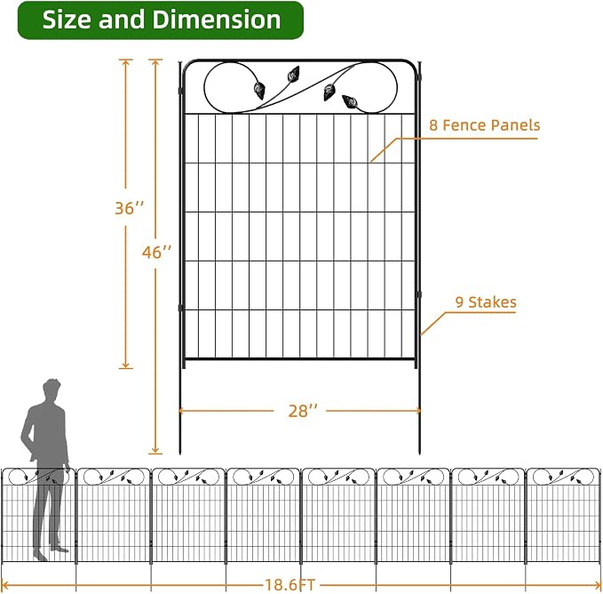 Decorative Black Garden Fence 36in(H) X18.6ft(L) 8 Panels Leaf Metal Wire Border Fence for Landscape Patio Flower Bed Garden Fencing for Yard Panel Animal Barrier for Dogs